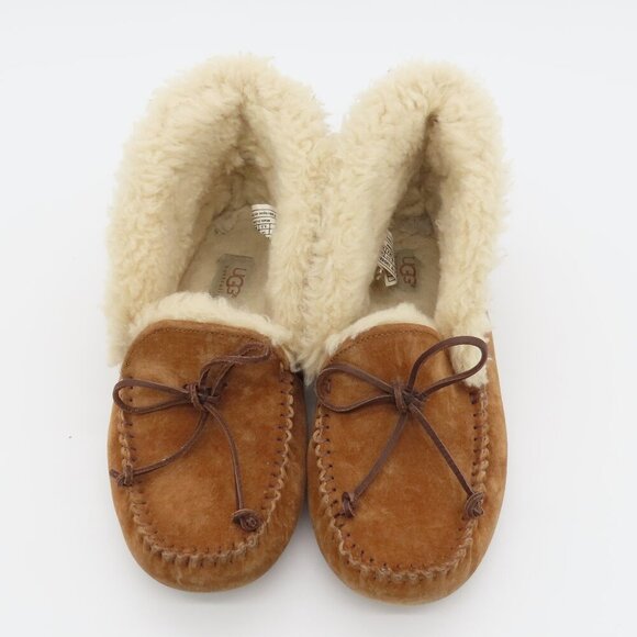 UGG Alena Chestnut Suede Sheepskin Cuff Moccasins Slippers Size US 7 Women - Picture 1 of 10